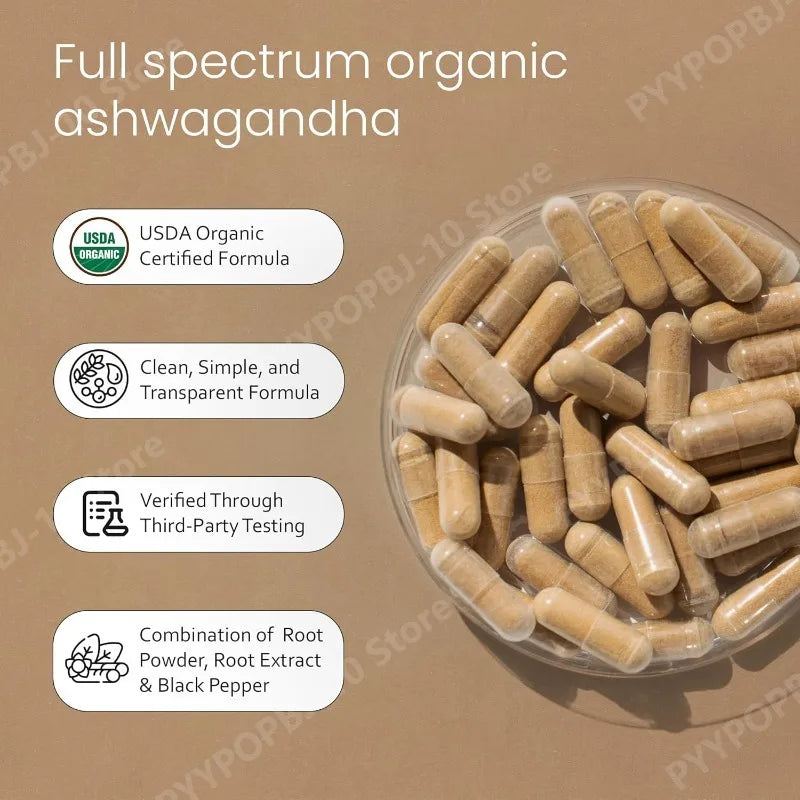 Organic Ashwagandha Capsules | Root Powder & Extract 100 Ct