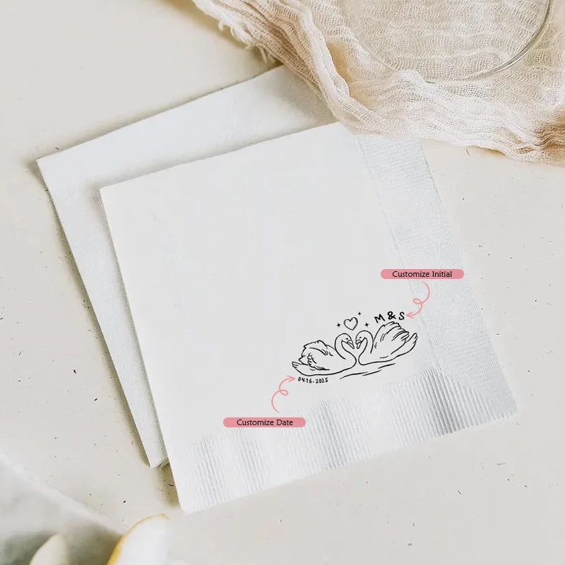 20 Personalized Swan Heart Wedding Napkins | Custom Monogram