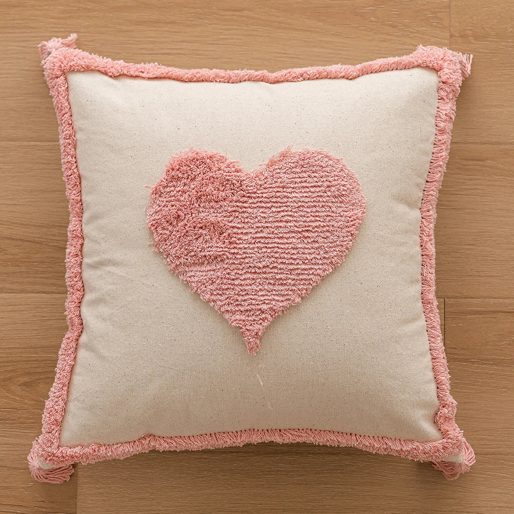 Woven Tufted Decorative Pillow Cover with Tassel Pink Boho Linen Cotton Pillowcase for Bed Living Room Sofa Cushion Home Decor Peaceful Pleasures Health and Wellness Love 45x45cm