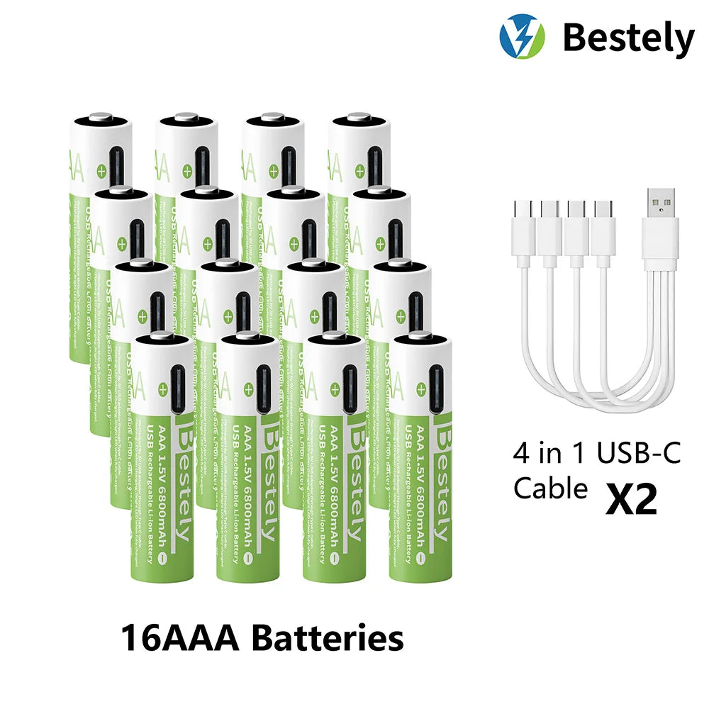 AAA Battery Rechargeable 2000+ Cycles 1.5V 6800mAh Li-ion Type-C Charging Triple Safety Long-Lasting Power Batteries Peaceful Pleasures Health and Wellness 16 pcs AAA Batteries
