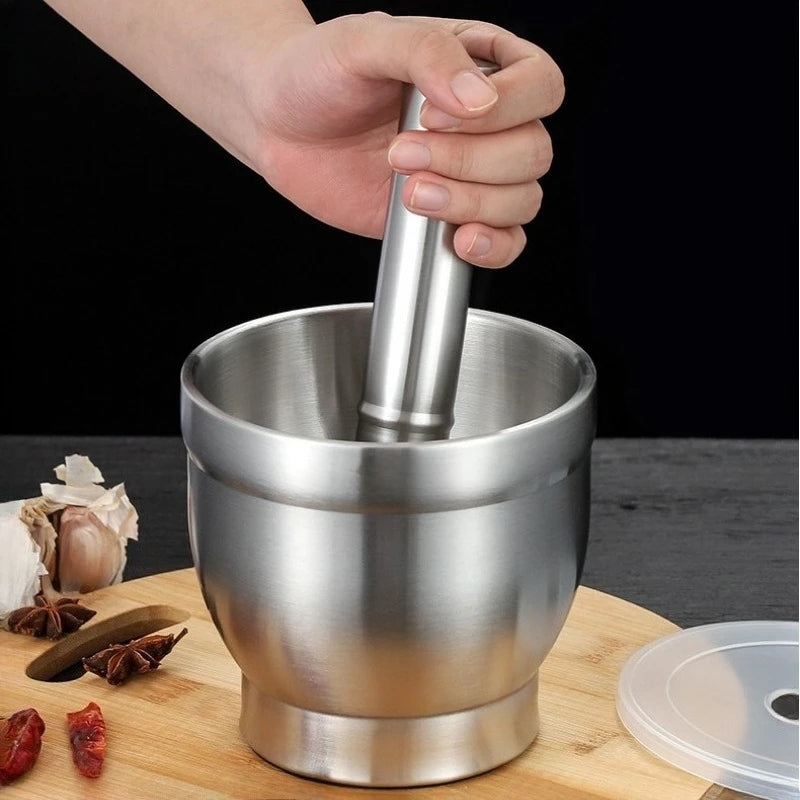Stainless Steel Mortar and Pestle Set Kitchen Spice Grinder Pill Crusher with Lid Heavy Duty Pesto Powder Herb Bowl Peaceful Pleasures Health and Wellness