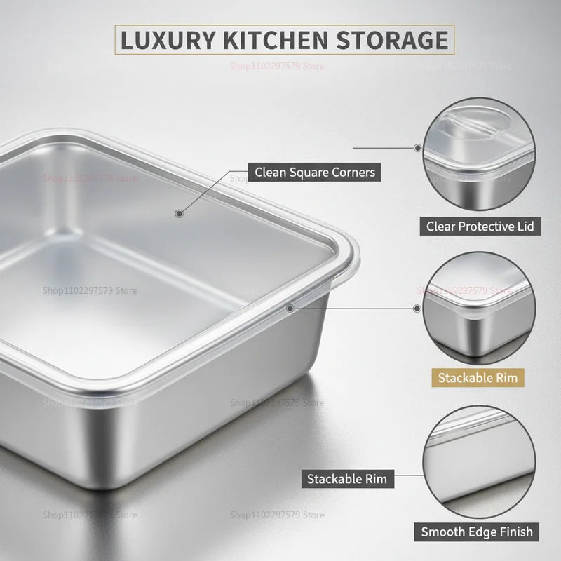 Stainless Steel Food Storage Serving Trays Rectangle Sausage Noodles Fruit Dish with Cover Home Kitchen Organizers Food Containe Peaceful Pleasures Health and Wellness