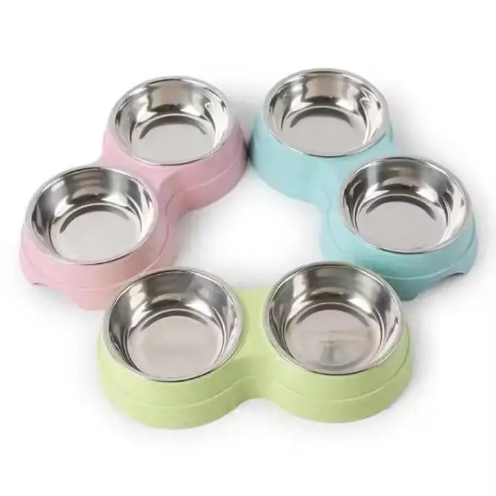 Colorful Wheat Straw Base Stainless Steel Pet Tableware Healthy Safe Double Bowl Feeding Set Liner Cat Dog Drinking Feeding Bowl Peaceful Pleasures Health and Wellness