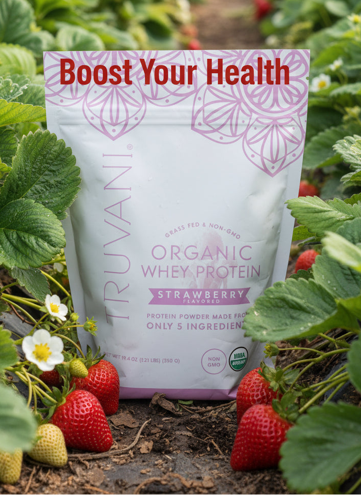 Truvani Organic Whey Protein Powder bag in Strawberry flavor, showing the Organic and Grass-Fed seals.