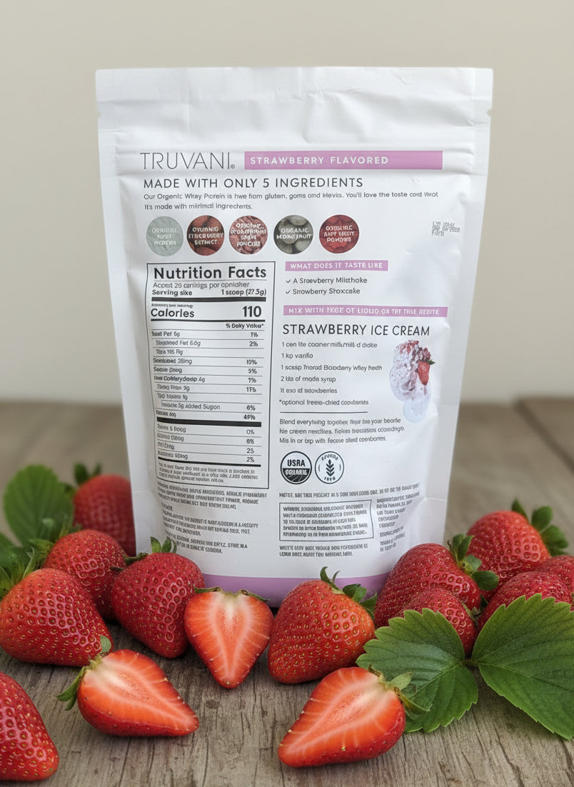 Close-up of the label highlighting the short list of 5 organic ingredients and 20g protein.
