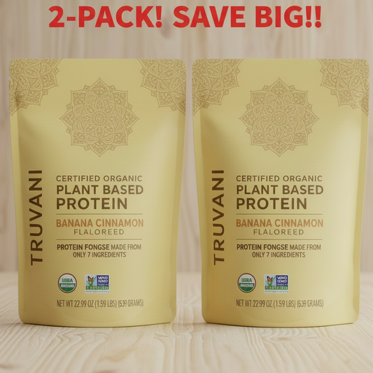 Two packages of Truvani plant-based protein on a wooden background with promotional text.