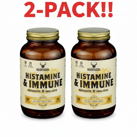 Two bottles of Heart & Soil Supplements Histamine & Immunity (180 count) displayed together, highlighting the 2-pack bundle and the ancestral focus.