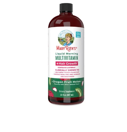 Mary Ruth's Dragon Fruit Melon Liquid Multivitamin 30 fl oz bottle. Supports hair growth and overall wellness.