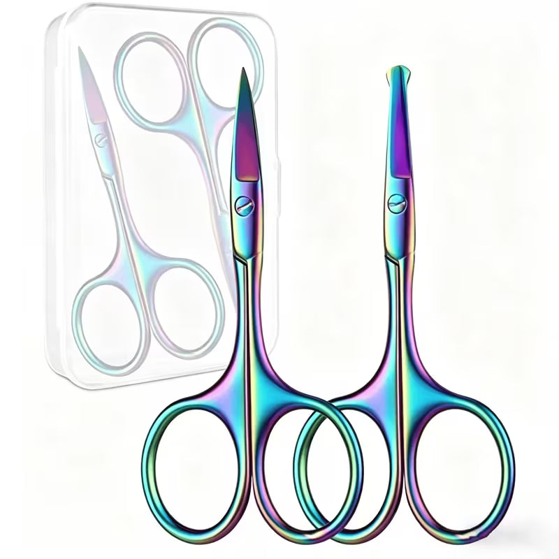 Set of rainbow-colored scissors with a clear plastic case on a white background