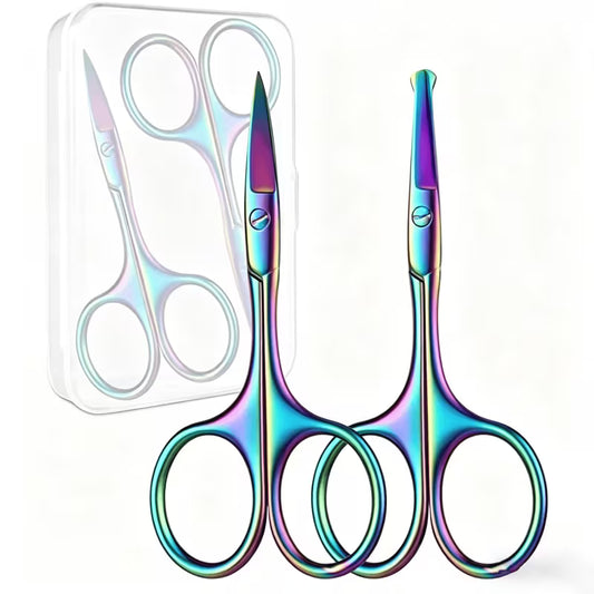 Set of rainbow-colored scissors with a clear plastic case on a white background