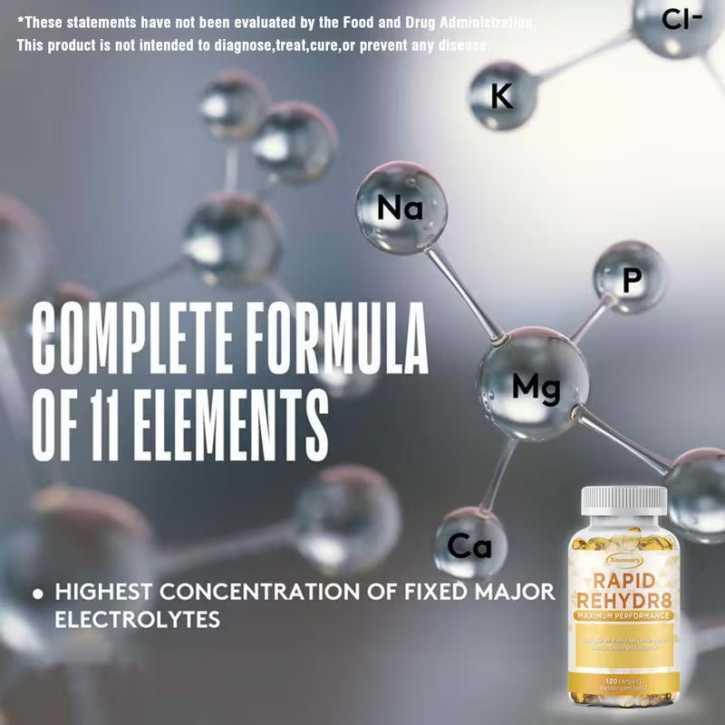Advertisement for a supplement bottle with molecular structure and element labels on a gray background.
