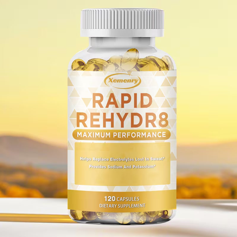 Supplement bottle labeled 'Rapid Rehydr8' with a scenic background