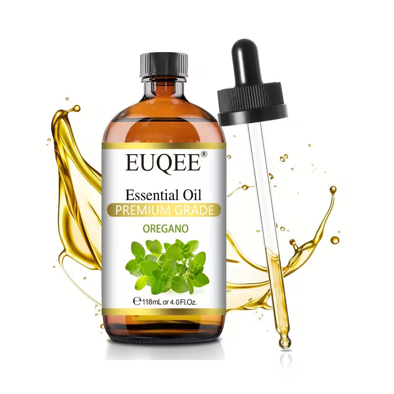 EUQEE oregano essential oil bottle with dropper on a white background