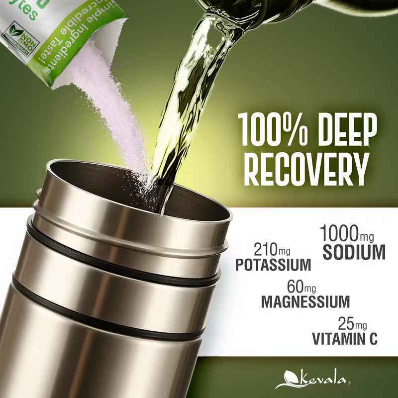 Bevala supplement being poured into a container with nutritional information displayed.