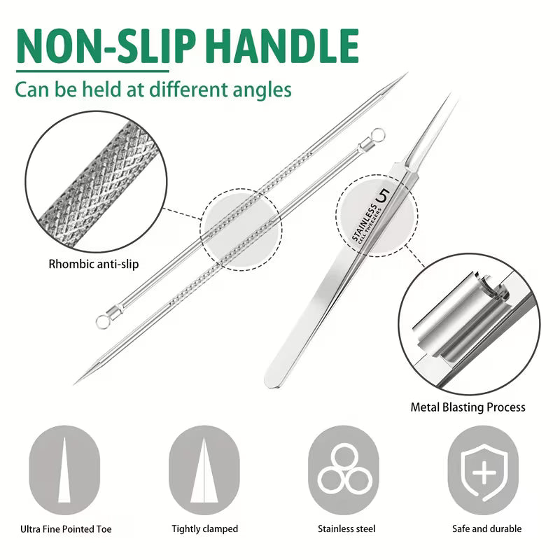 Stainless steel tool with rhombic anti-slip handle and metal blasting process, featuring text on non-slip handle and tool features.