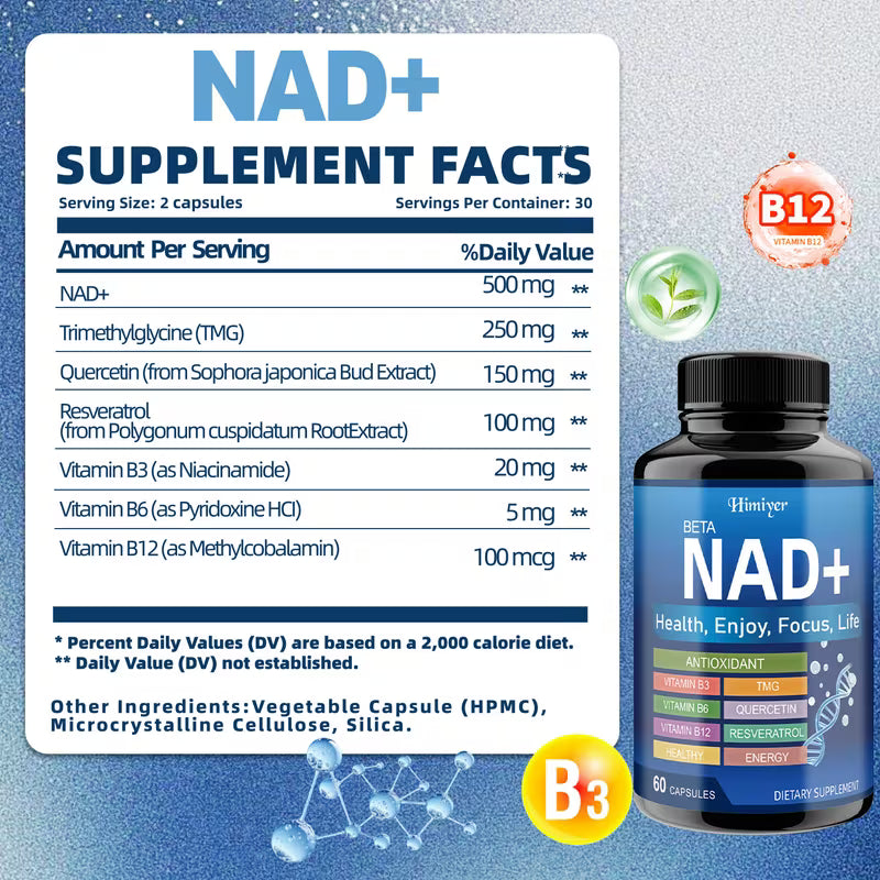 NAD+ Capsules 60ct – TMG, Quercetin, Resveratrol, B3, B6, B12 Peaceful Pleasures
