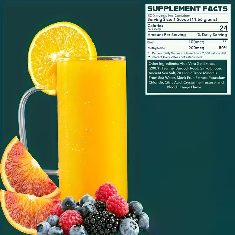 Glass of orange juice with fruit slices and berries, supplement facts label on a dark green background