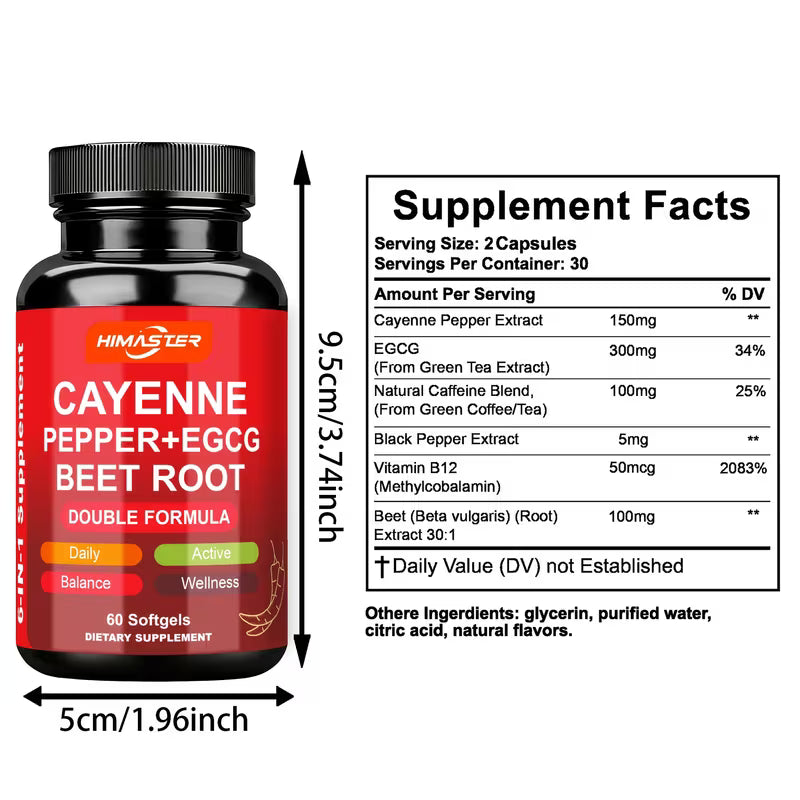 Supplement bottle labeled 'Cayenne Pepper + EGCG + Beet Root' with supplement facts on a white background