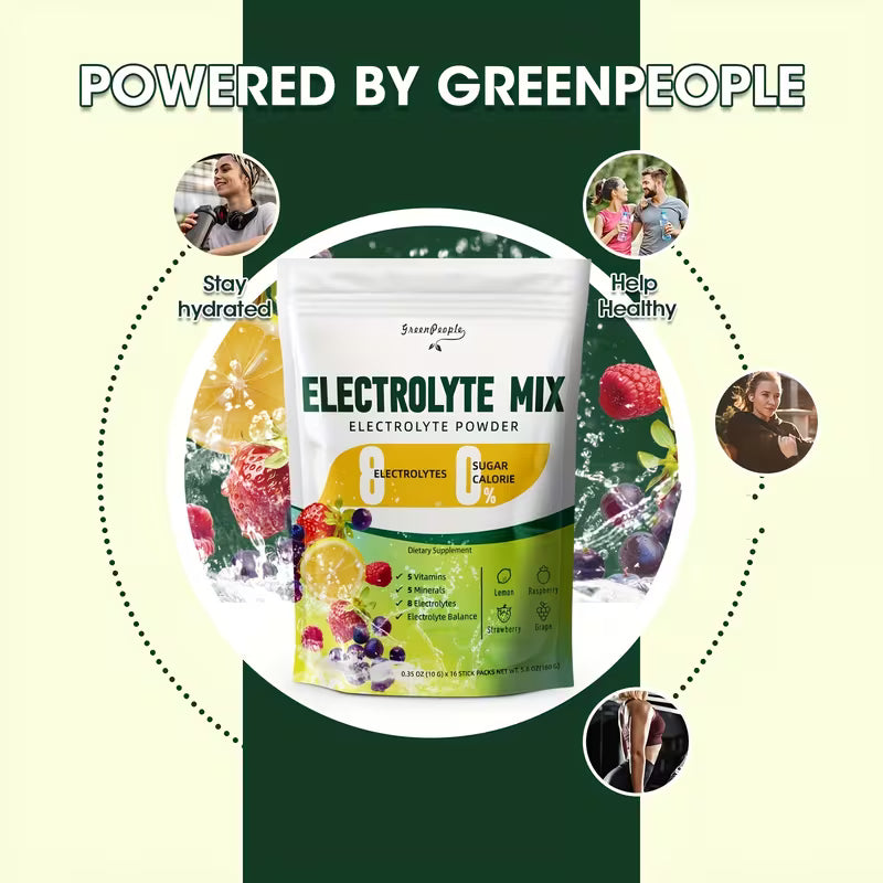 Electrolyte mix powder package with 'Powered by Greenpeople' branding on a green and beige background.