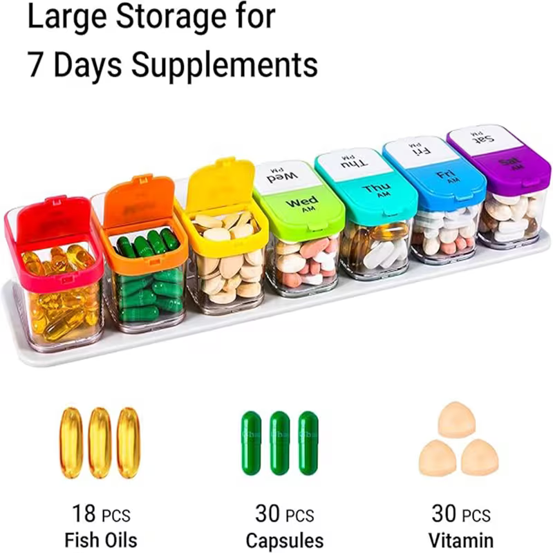 Supplement organizer with colorful containers for 7 days, showing examples of fish oils, capsules, and vitamins.