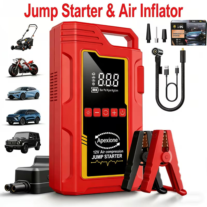Red jump starter and air inflator with digital display and clamps, surrounded by vehicle illustrations.