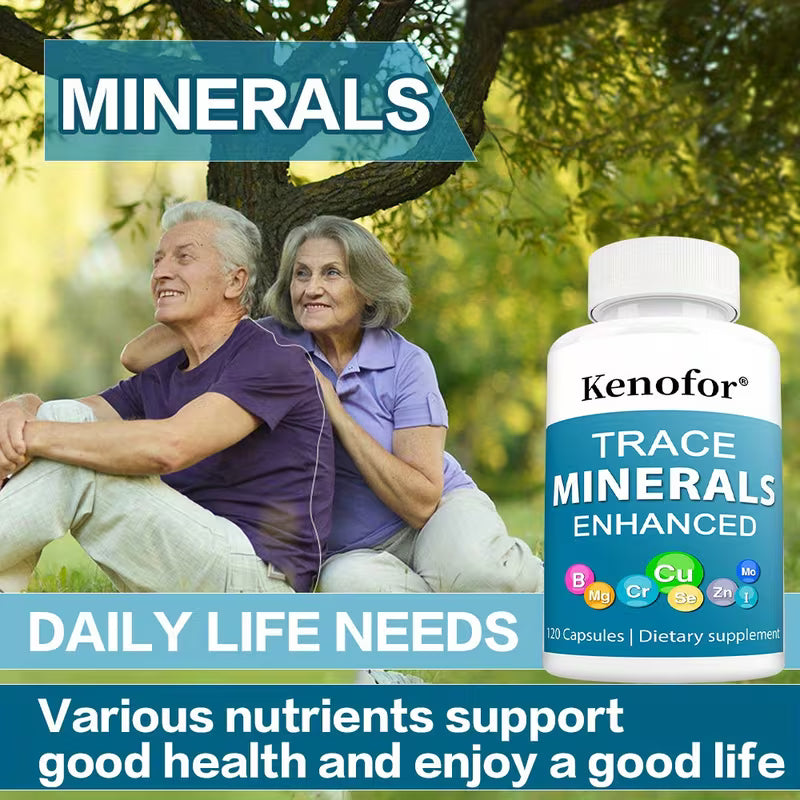 Kenofor Trace Minerals Enhanced supplement bottle with an elderly couple sitting outdoors, promoting daily life needs and good health.