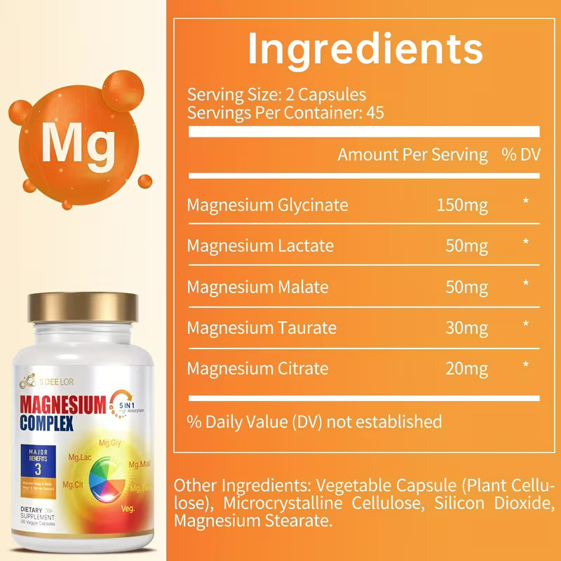 5-In-1 Magnesium Complex - Glycinate, Malate, Taurate, Lactate & Citrate - Max Absorption 90 Caps 2Pack! 180 Caps Total Peaceful Pleasures Health and Wellness