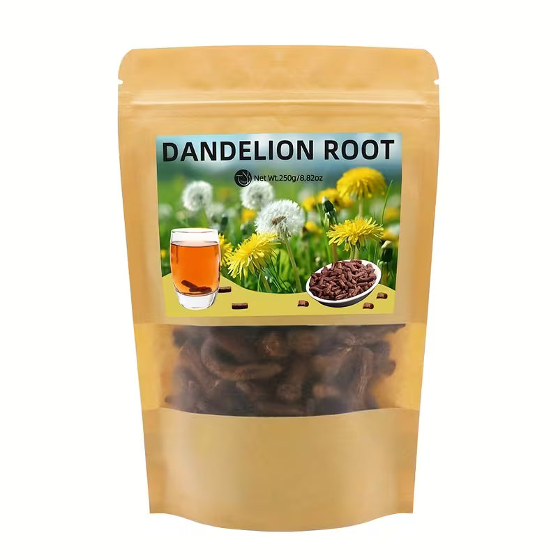 Packaging of dandelion root with images of dandelions and a glass of tea on a white background