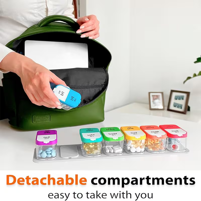 Person opening a green bag with detachable compartments for pills, emphasizing 'Detachable compartments easy to take with you'.