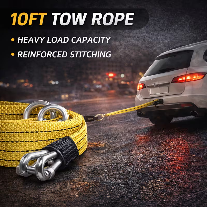 Yellow tow rope with car on a dark road background