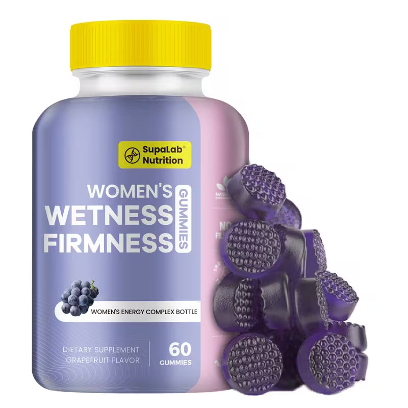 Supplement bottle labeled 'Women's Wetness Firmness' with purple gummies on a white background