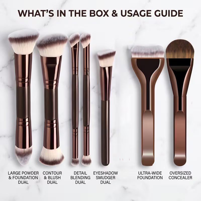 Set of makeup brushes with labels on a marble background
