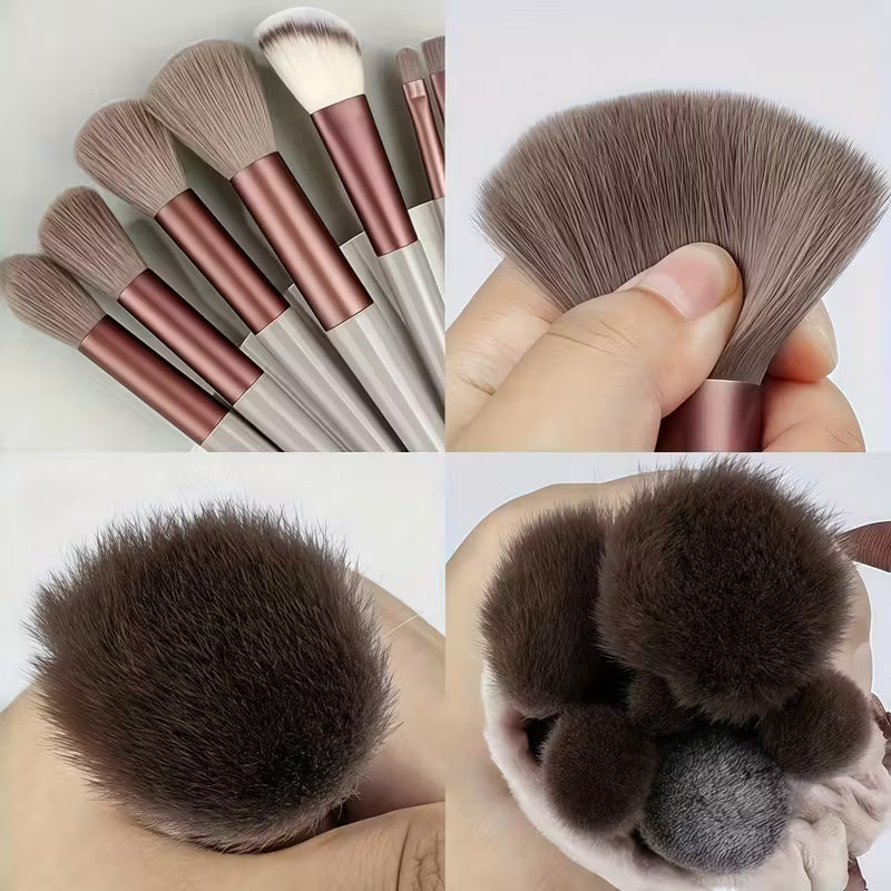 Set of makeup brushes with close-ups of bristles and handles.