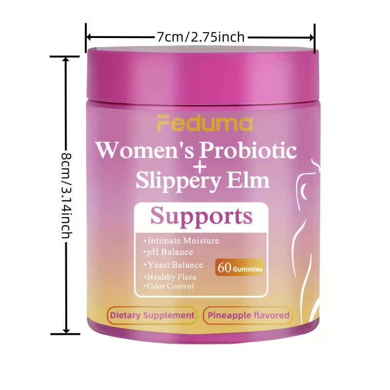 Feduma Women's Probiotic Slippery Elm supplement container with dimensions on a white background