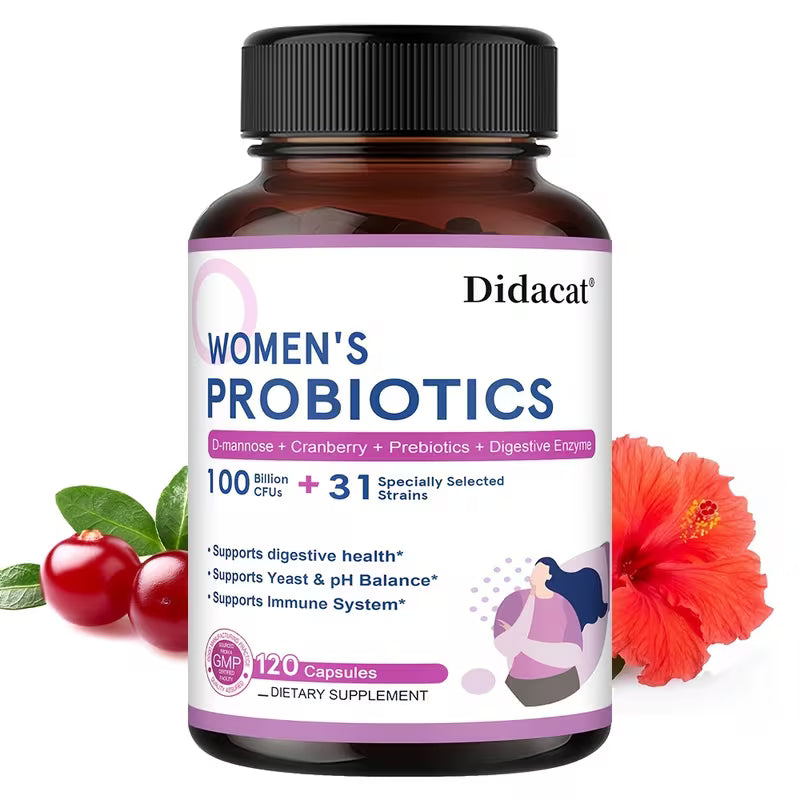 Bottle of Didacat Women's Probiotics with cranberries and a flower on a white background