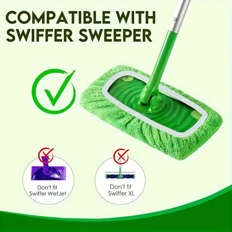 Green swiffer sweeper with text indicating compatibility and usage instructions on a light green background.