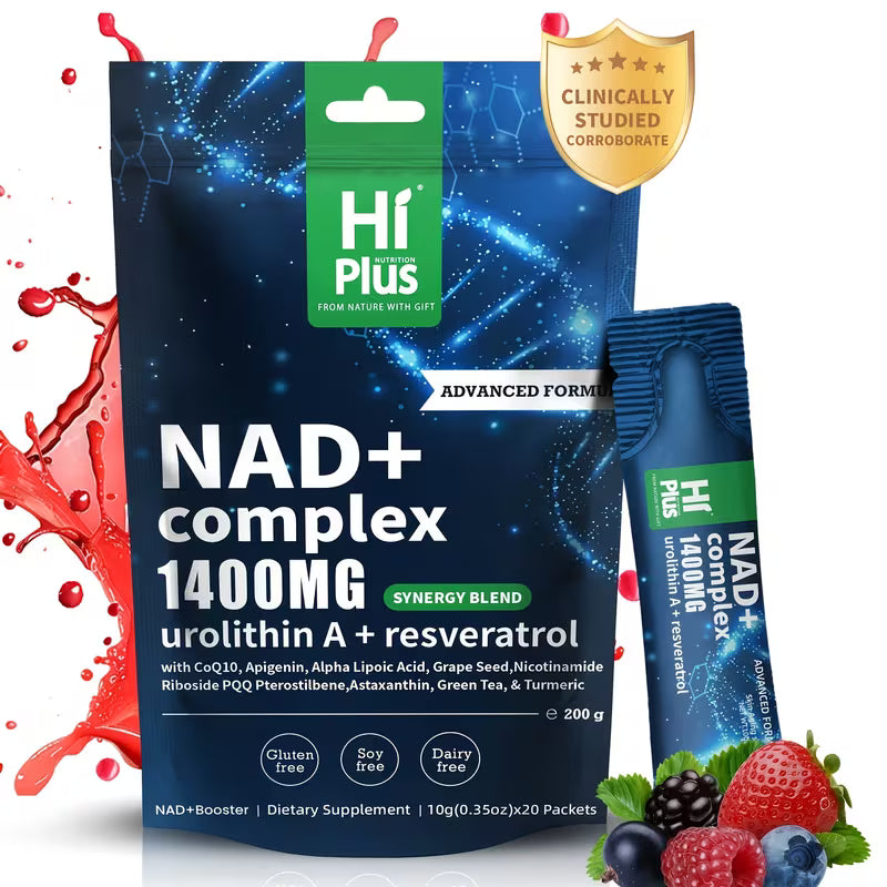HI Plus NAD+ complex supplement package with berries and a red splash on a white background