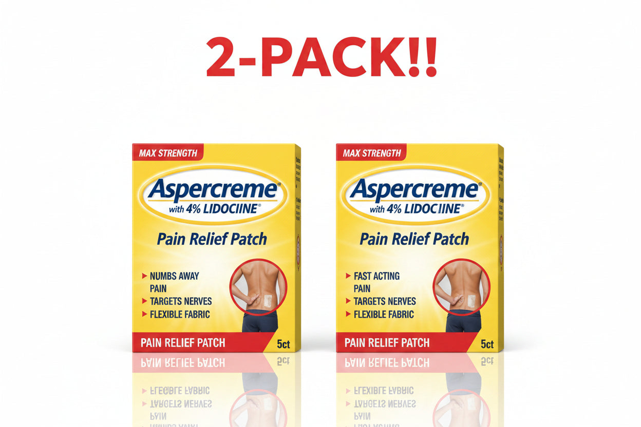 Box of Aspercreme Max Strength Pain Relief Patch with Lidocaine on a white background