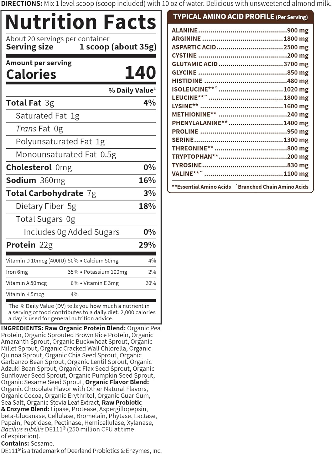 Nutrition facts label for a protein supplement with detailed information on calories, macronutrients, and micronutrients.