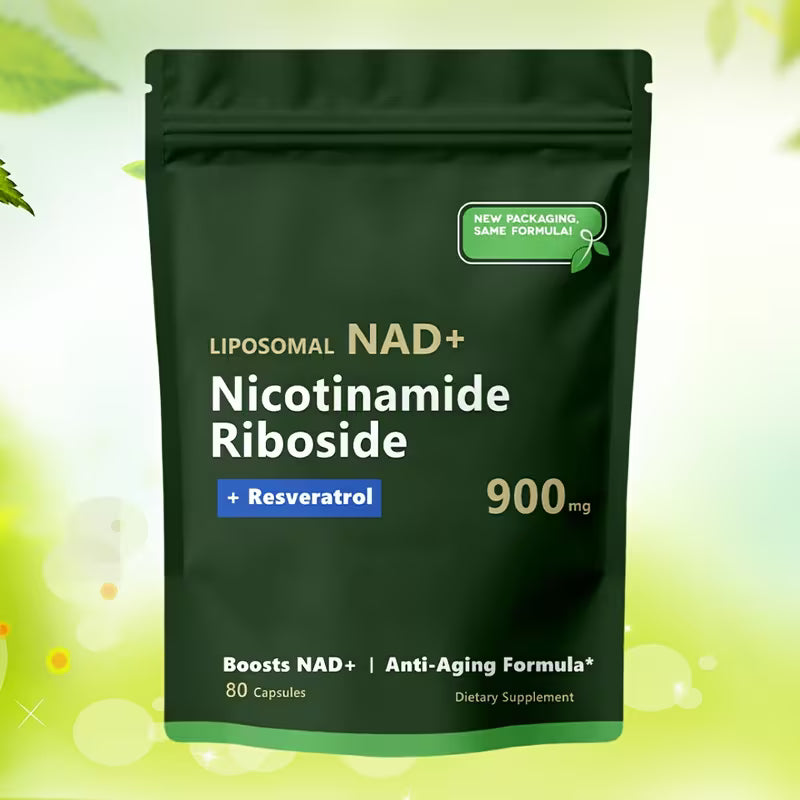 Supplement package labeled 'Liposomal NAD+ Nicotinamide Riboside + Resveratrol' on a green background.