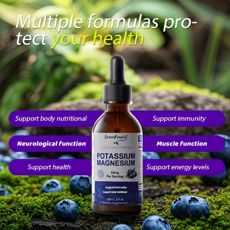 Bottle of Green People Potassium Magnesium supplement with blueberries on a natural background