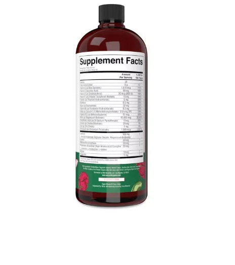 Bottle of liquid supplement with label showing 'Supplement Facts' on a white background