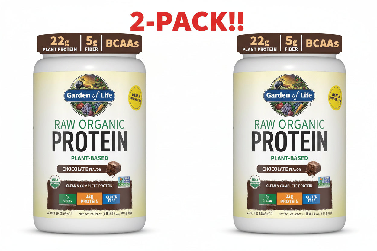 Two bottles of Garden of Life raw organic protein on a white background with '2-Pack!!' text above.
