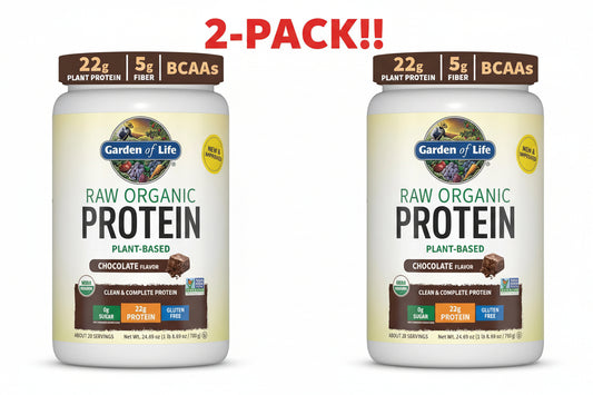 Two bottles of Garden of Life raw organic protein on a white background with '2-Pack!!' text above.