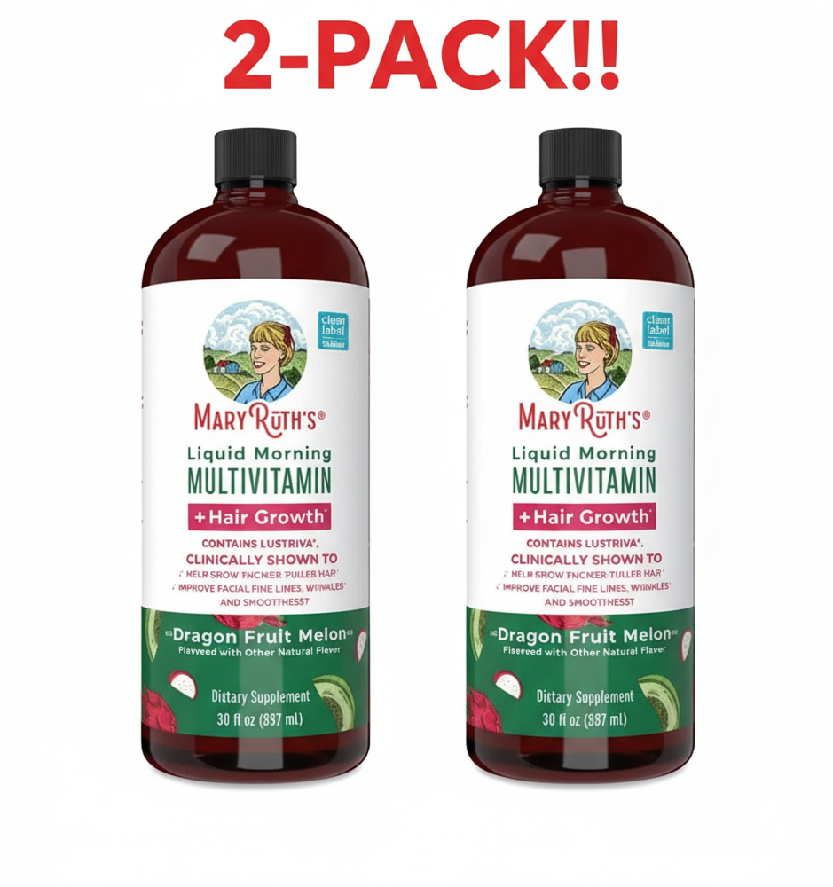 Two bottles of Mary Ruth's Dragon Fruit Melon Liquid Multivitamin, 30 fl oz each. Supports hair growth. 2-Pack bundle with savings.