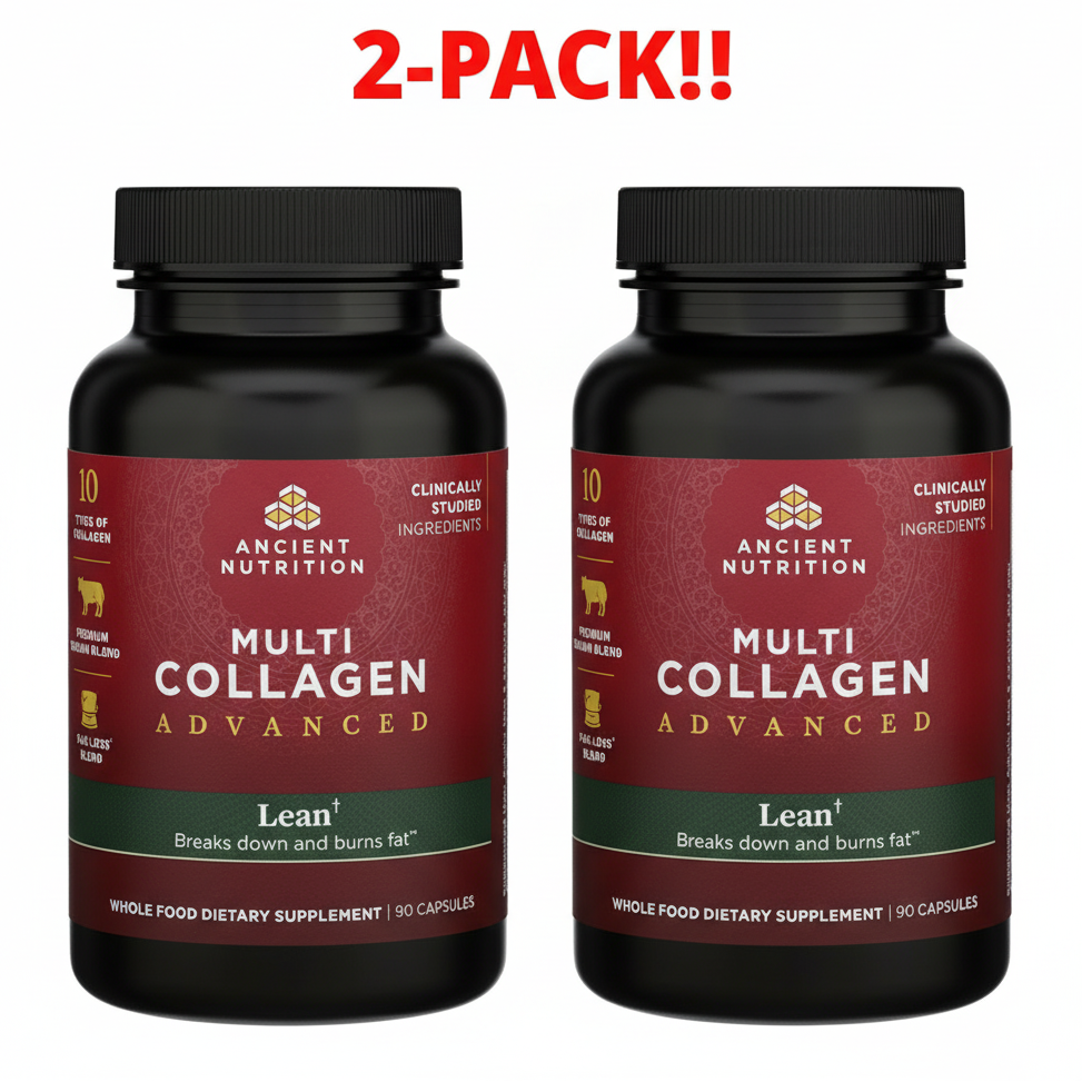 Two bottles of Ancient Nutrition Multi Collagen Advanced supplement on a white background with '2-Pack!!' text.