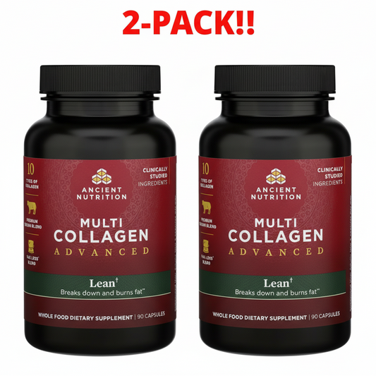 Two bottles of Ancient Nutrition Multi Collagen Advanced supplement on a white background with '2-Pack!!' text.