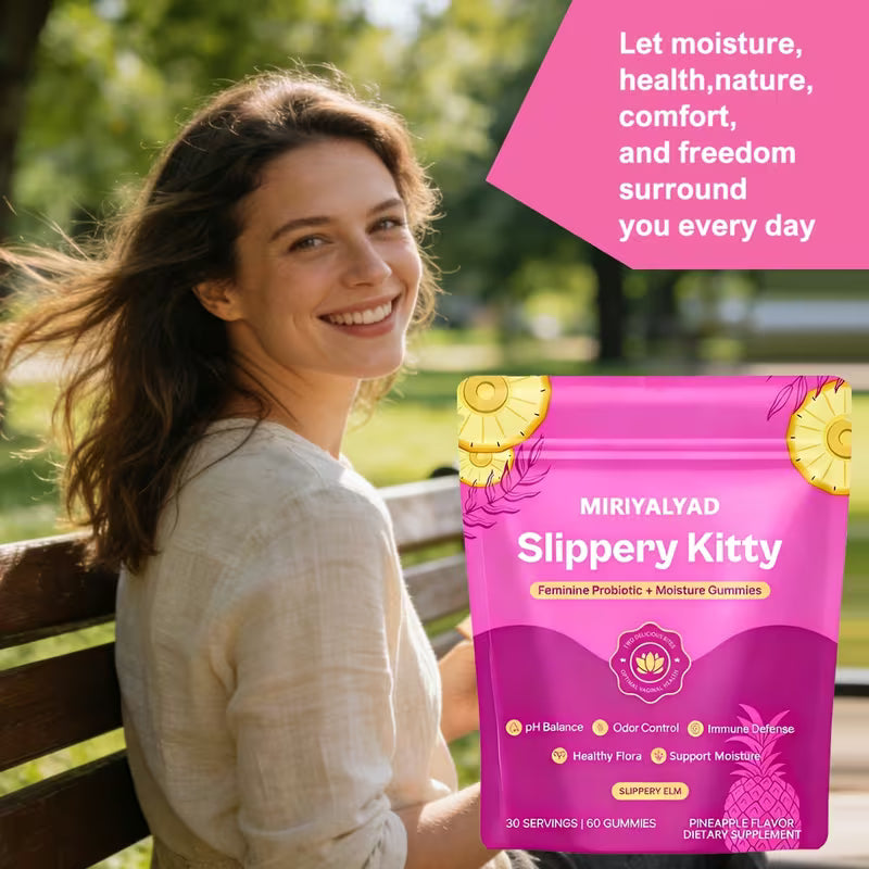 Woman sitting on a bench with a pink 'Slippery Kitty' product packaging in the foreground.