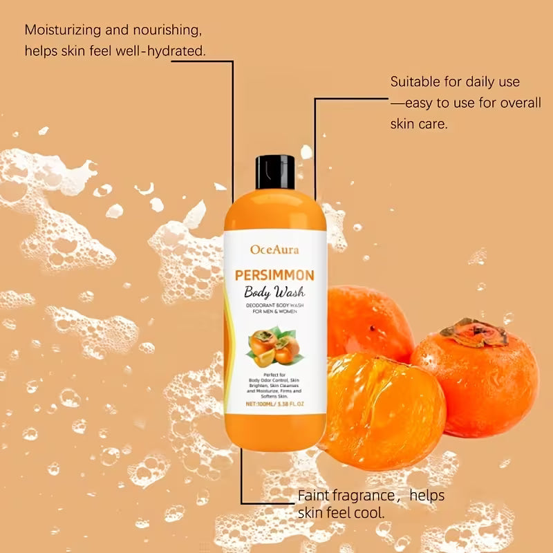 OceAura Persimmon Body Wash bottle with persimmons and text on a beige background