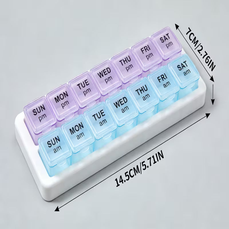 Weekly pill organizer with am/pm labels on a gray background